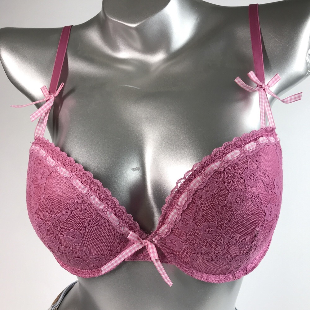 Berry Perry Underwire Push Up Bra, Size 34C, Pink Lace with Ribbon and Bows